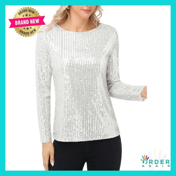 Tops - Long Sleeve Sequin Blouse Elegant Party Top Lined Sparkly Evening Wear